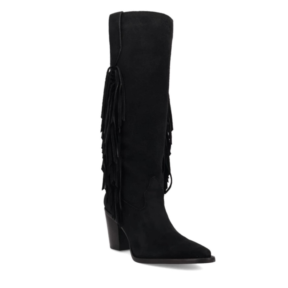 dingo Black Suede Fringe Knee-High Western Heeled Boots